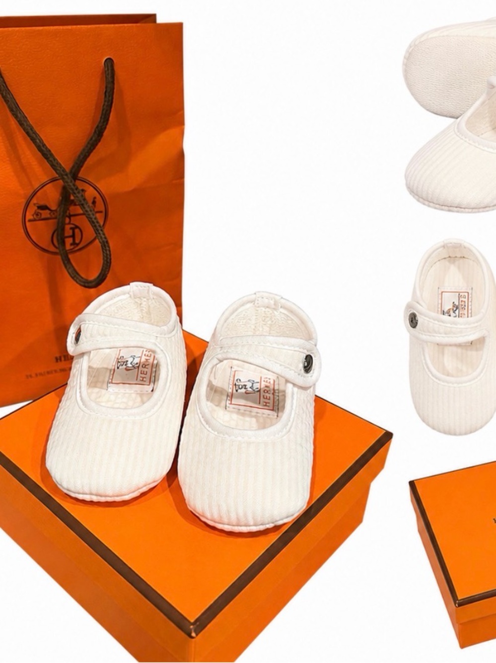 NWT Hermes Cream Mary Jane Baby Shoes With Box and Bag